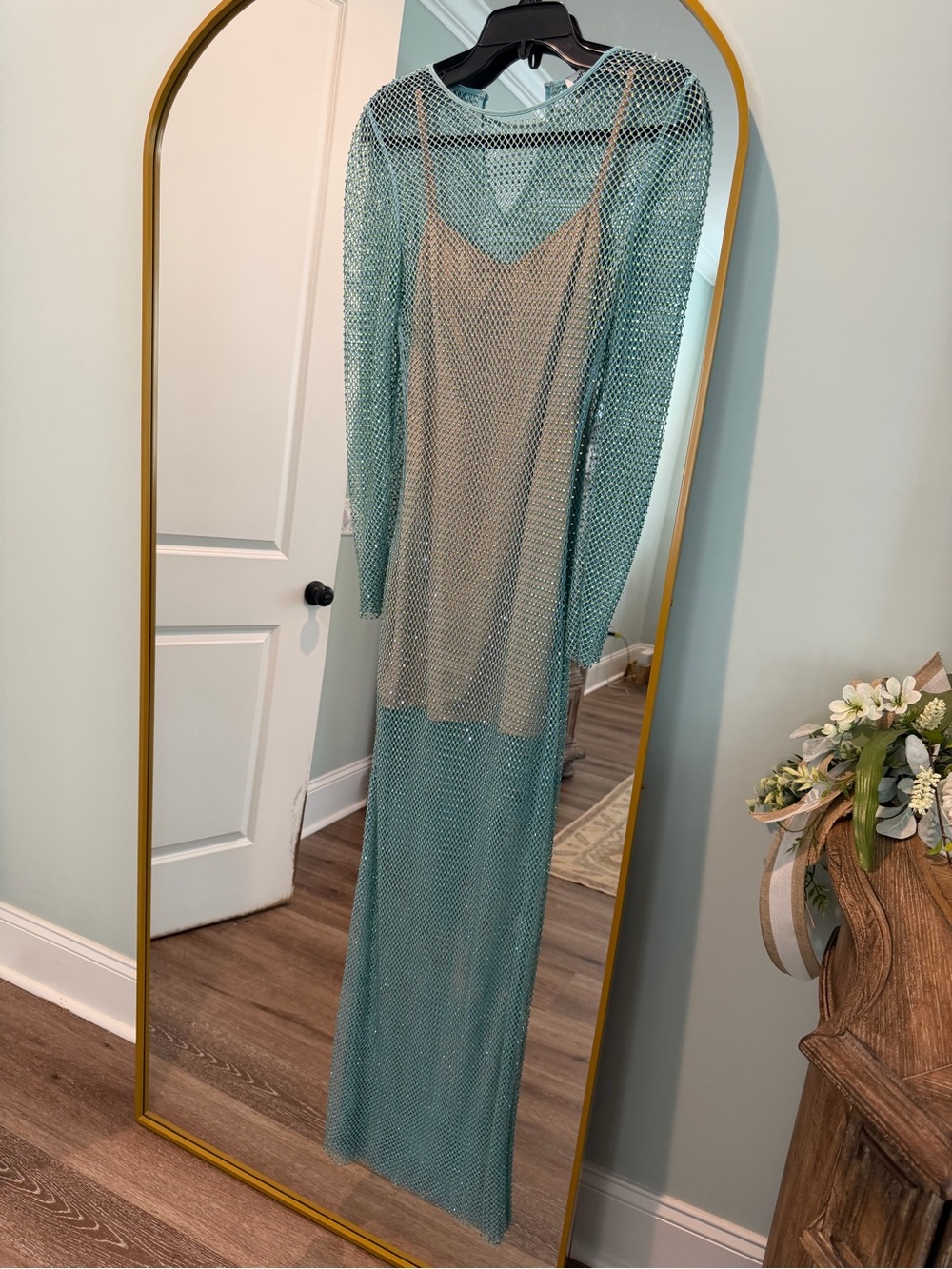 Self-Portrait Mint Mesh Long-Sleeve Maxi Slip Dress